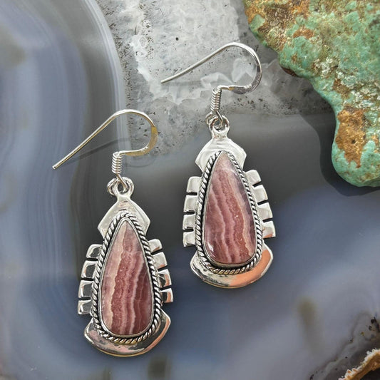Sterling Silver Southwestern Style Teardrop Rhodochrosite Dangle Earrings For Women