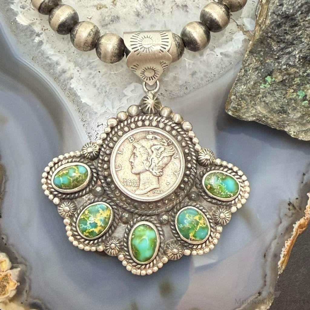 Sterling Silver Southwestern Style 1944 Mercury Dime & Sonora Gold Turquoise Pendant