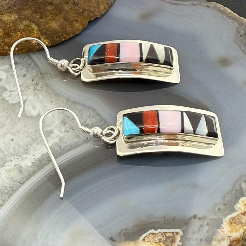Sheryl Edaakie Zuni Sterling Silver Multistone Inlay Rectangle Dangle Earrings For Women #1