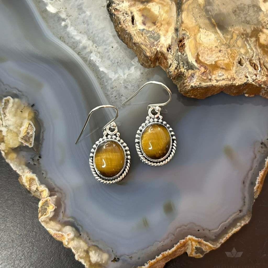 Sterling Silver Southwestern Style Oval Tiger's Eye Earrings For Women