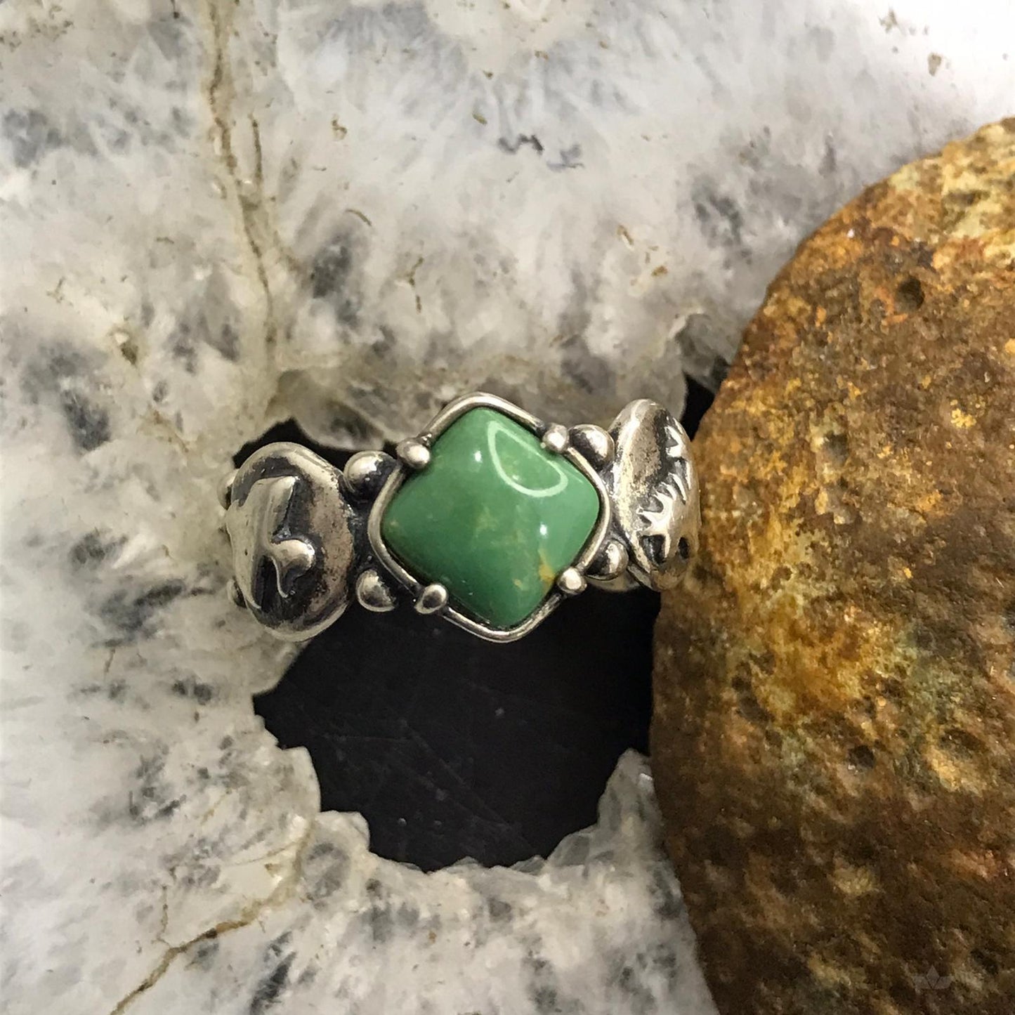 Jody Naranjo Sterling Silver Diamond Shape Green Turquoise Petroglyph Ring Size 9 For Women