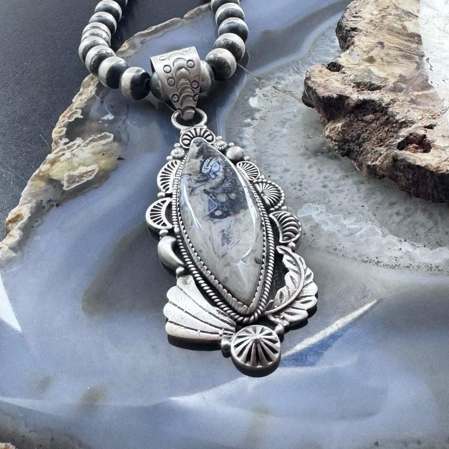 Sterling Silver Southwestern Style Elongated Marquise Dendritic Agate Decorated Pendant For Women