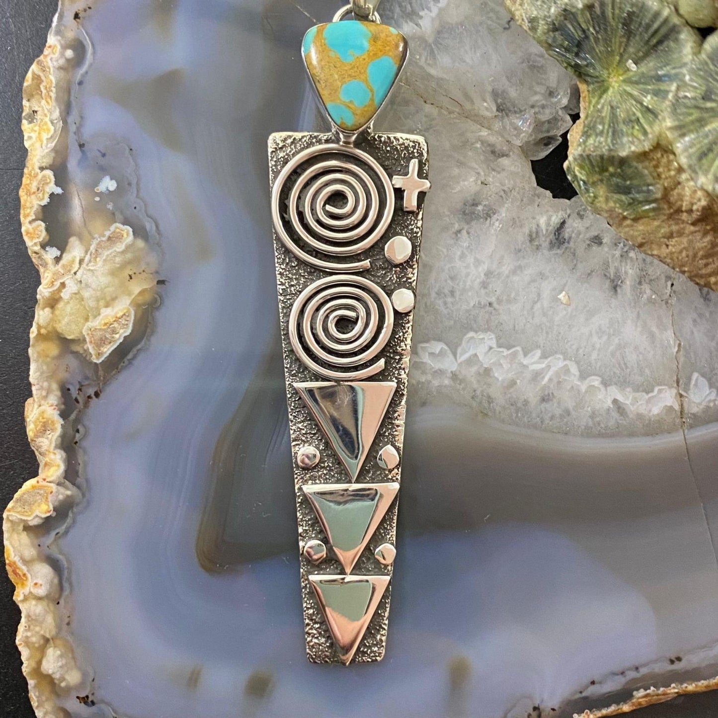 Alex Sanchez Native American Sterling Silver Turquoise Petroglyph Long Unisex Pendant