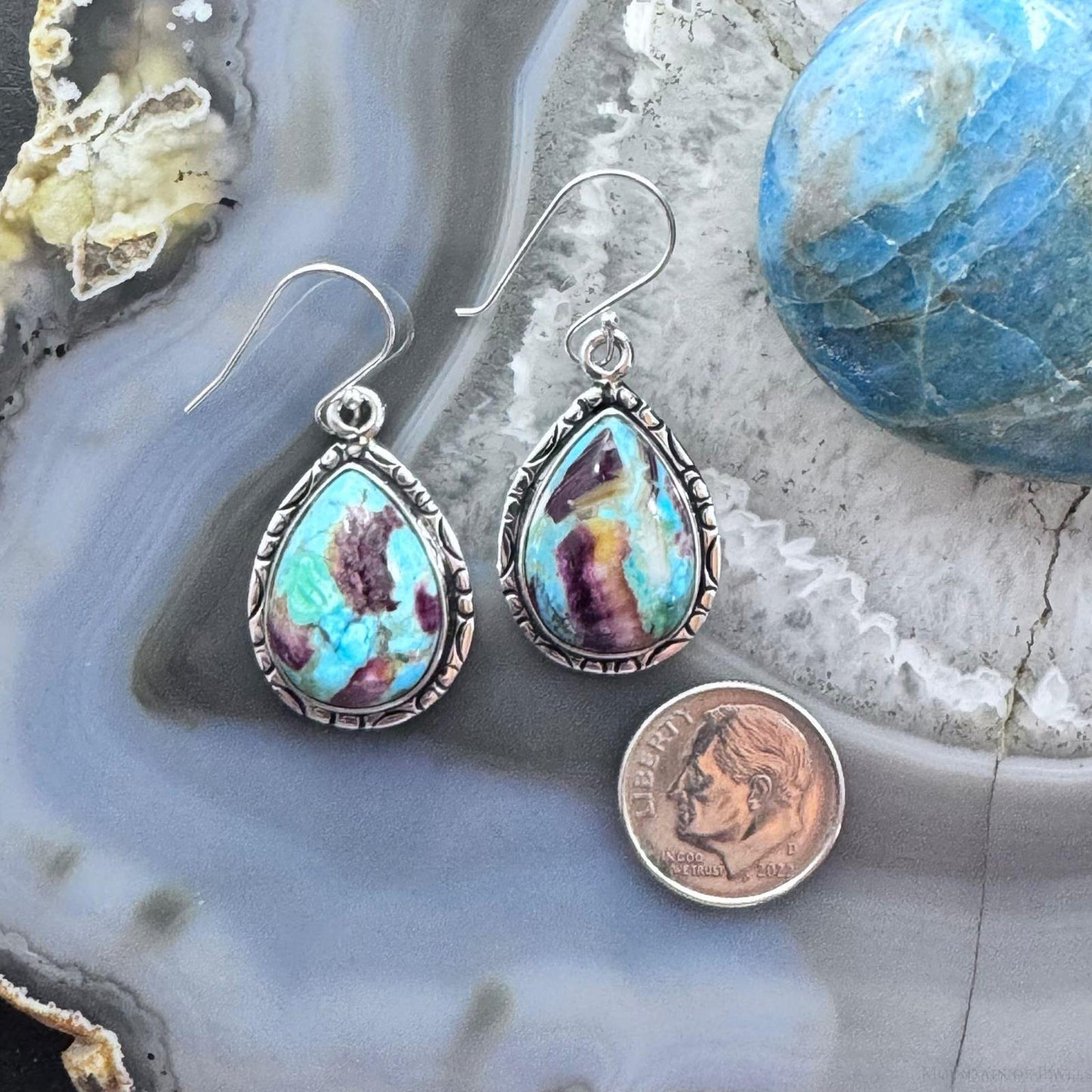 Native American Sterling Silver Turquoise & Spiny Oyster Composite Dangle Earrings For Women #1