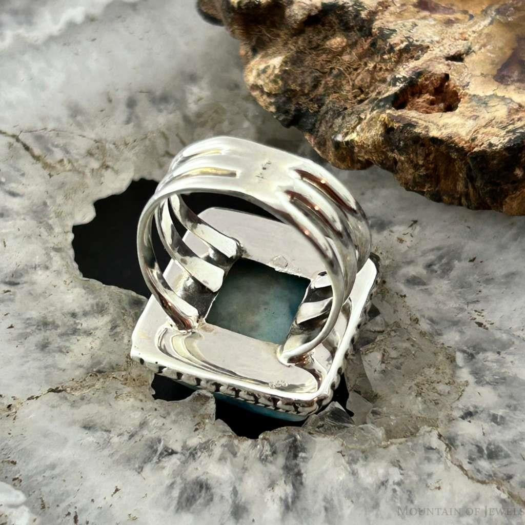Sterling Silver Southwestern Style Larimar Decorated Bar Ring Size 7.5 For Women