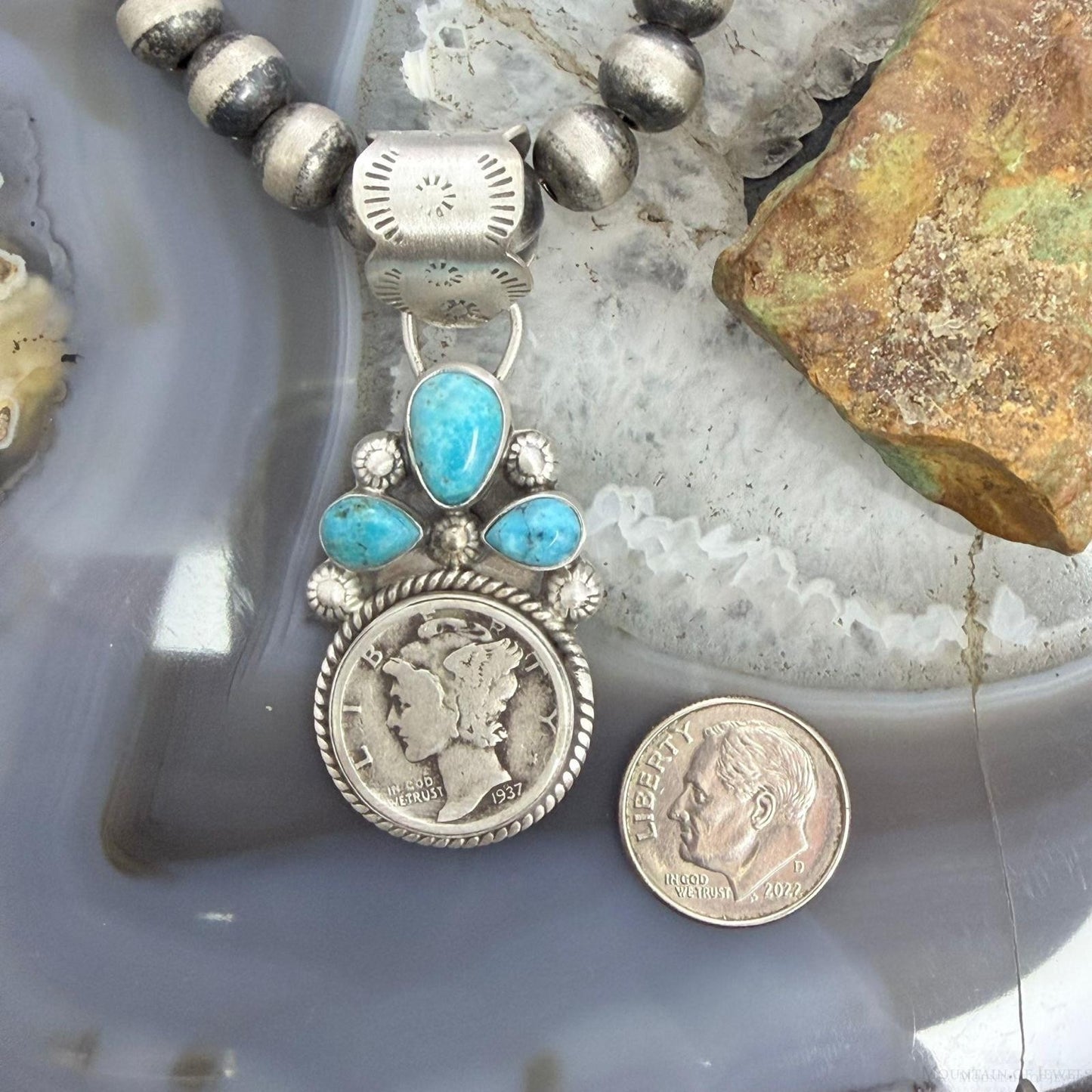 Genuine 1937 90% Silver Mercury Dime Coin Mohave Turquoise Unisex Pendant