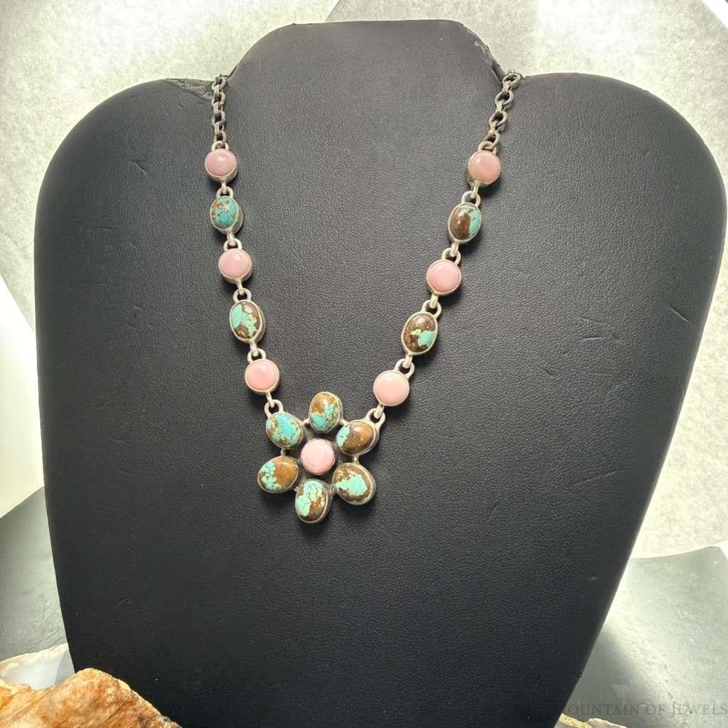 Sterling Silver Southwestern Style Turquoise &Pink Conch 20" Cluster Necklace For Women