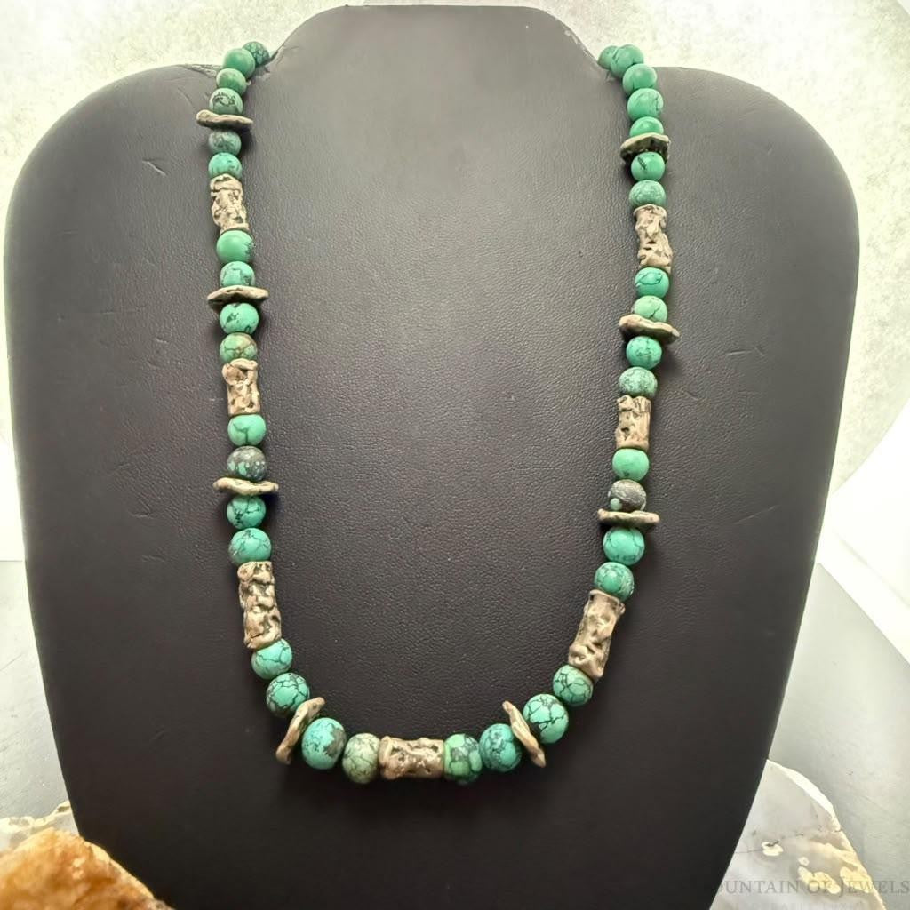 Vintage Southwestern Turquoise Beads&Chunky Silver Beads 17" Necklace For Women