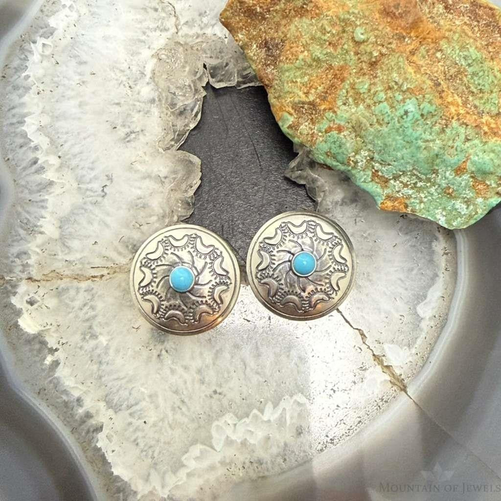 Native American Sterling Silver Stamped Rounded Concho w/Turquoise Stud Earrings For Women