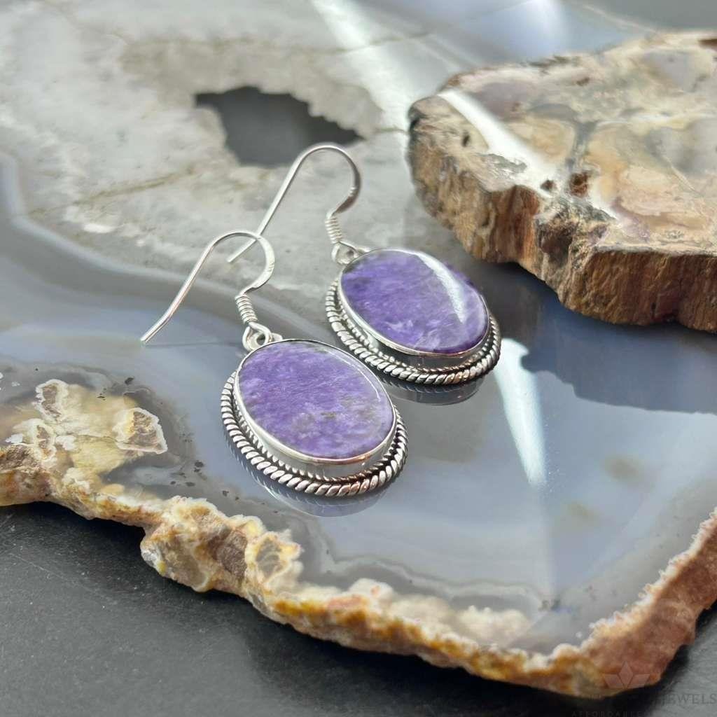 Sterling Silver Southwestern Style Oval Charoite Dangle Earrings For Women