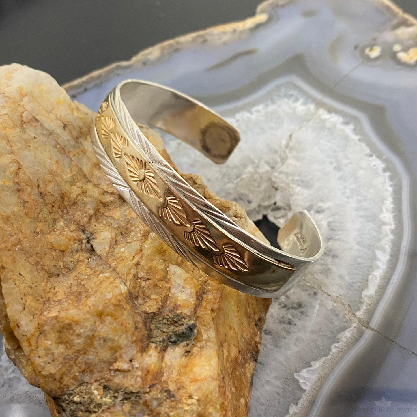 Native American Sterling Silver & 12K GF Stamped Stackable Bracelet For Women