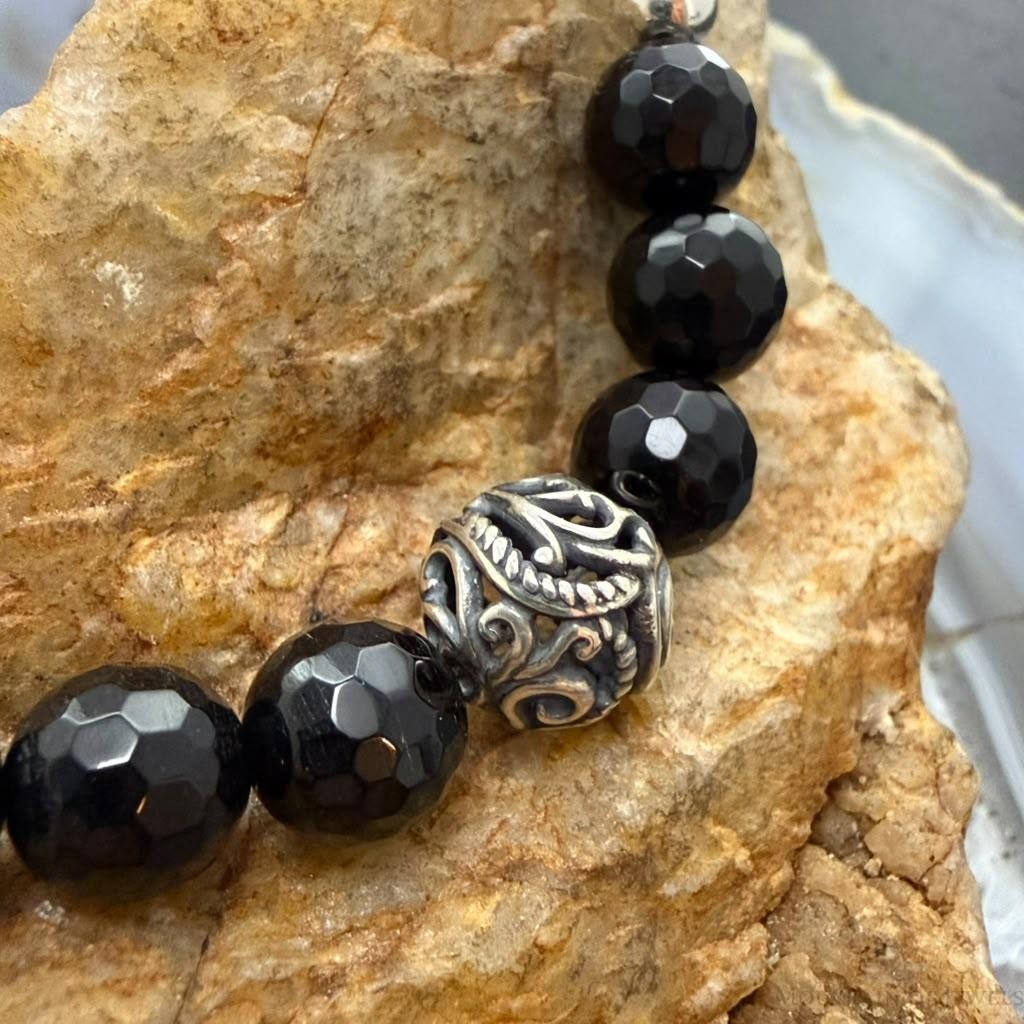 Carolyn Pollack Sterling Silver 6 Faceted Onyx w/Swirl Beads 15"-14" Necklace For Women