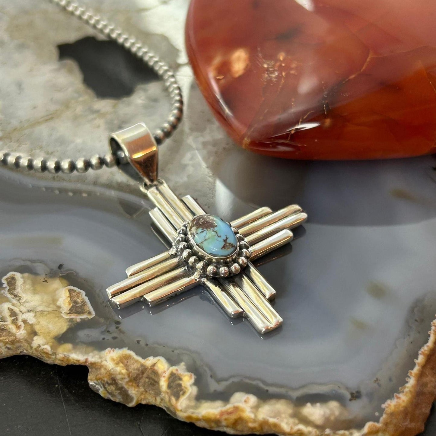 Sterling Silver Southwestern Style Oval Golden Hill Turquoise Unisex Zia Pendant