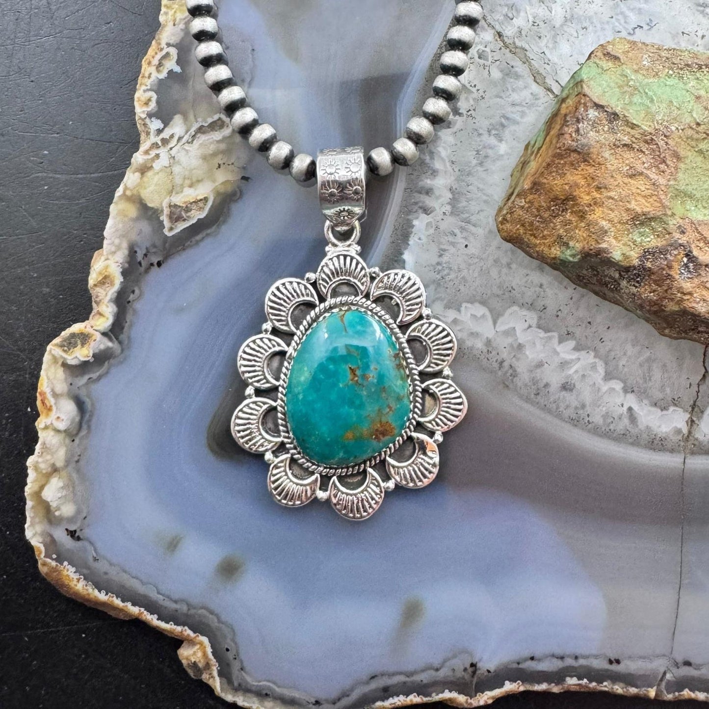 Sterling Silver Southwestern Style Large Turquoise Decorated Pendant For Women