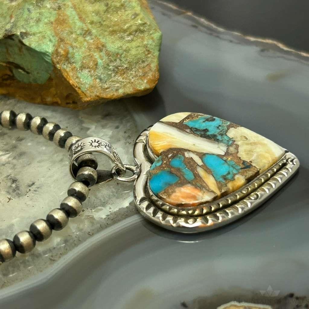 Sterling Silver Southwestern Style Turquoise Spiny Oyster Heart Pendant For Women #3