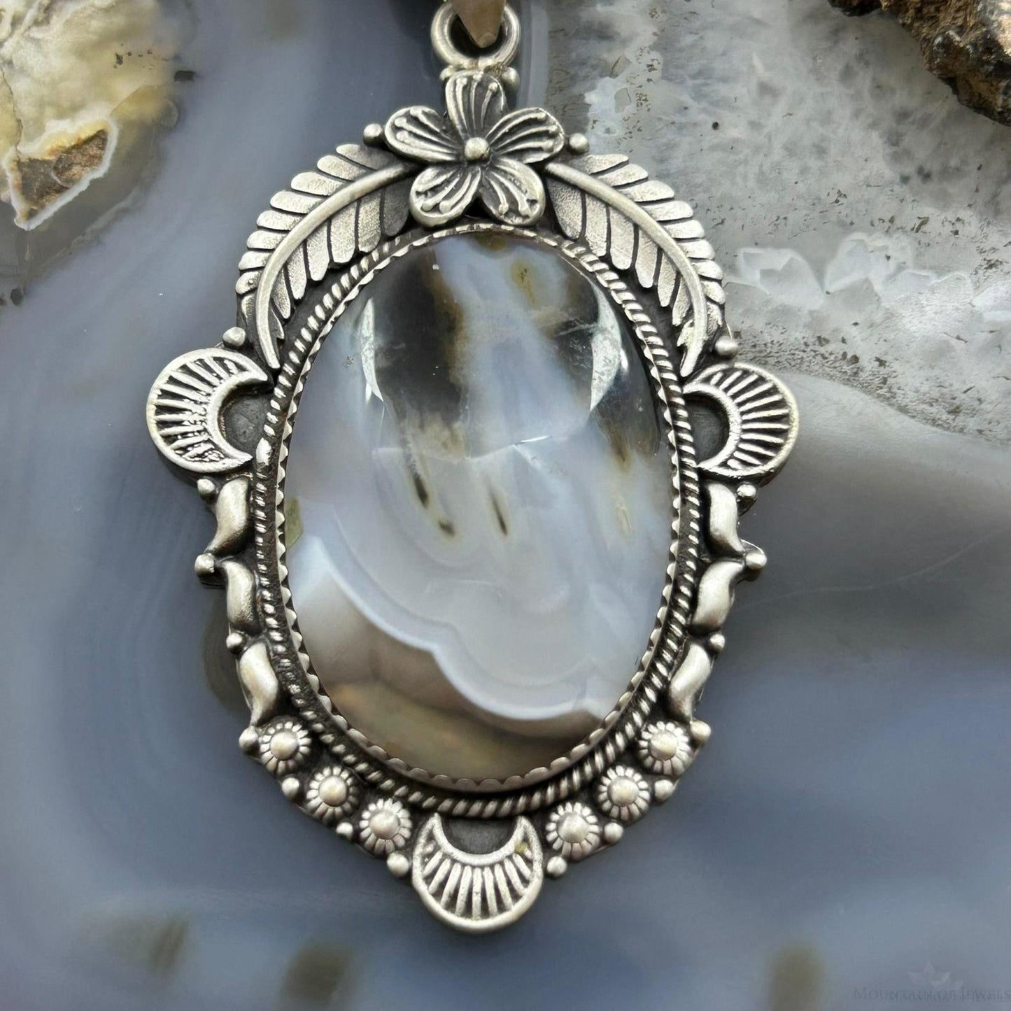 Sterling Silver Southwestern Style Oval Moss Agate Tube Decorated Pendant For Women