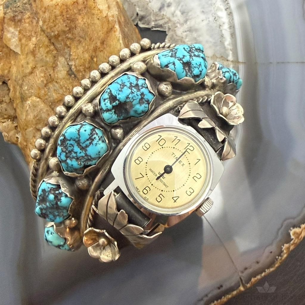Vintage Steven B Native American Silver Rough Turquoise Watch Bracelet For Women
