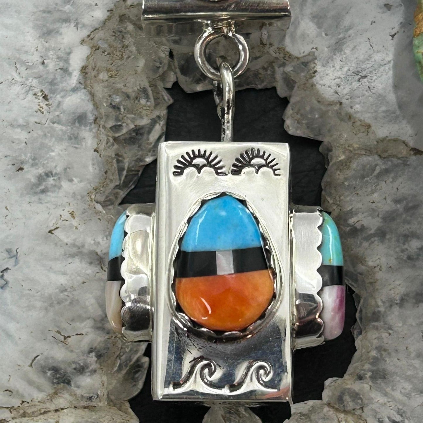 Cliffton Aguilar Santo Domingo Sterling Silver Decorated Multistone Rectangular Pendant
