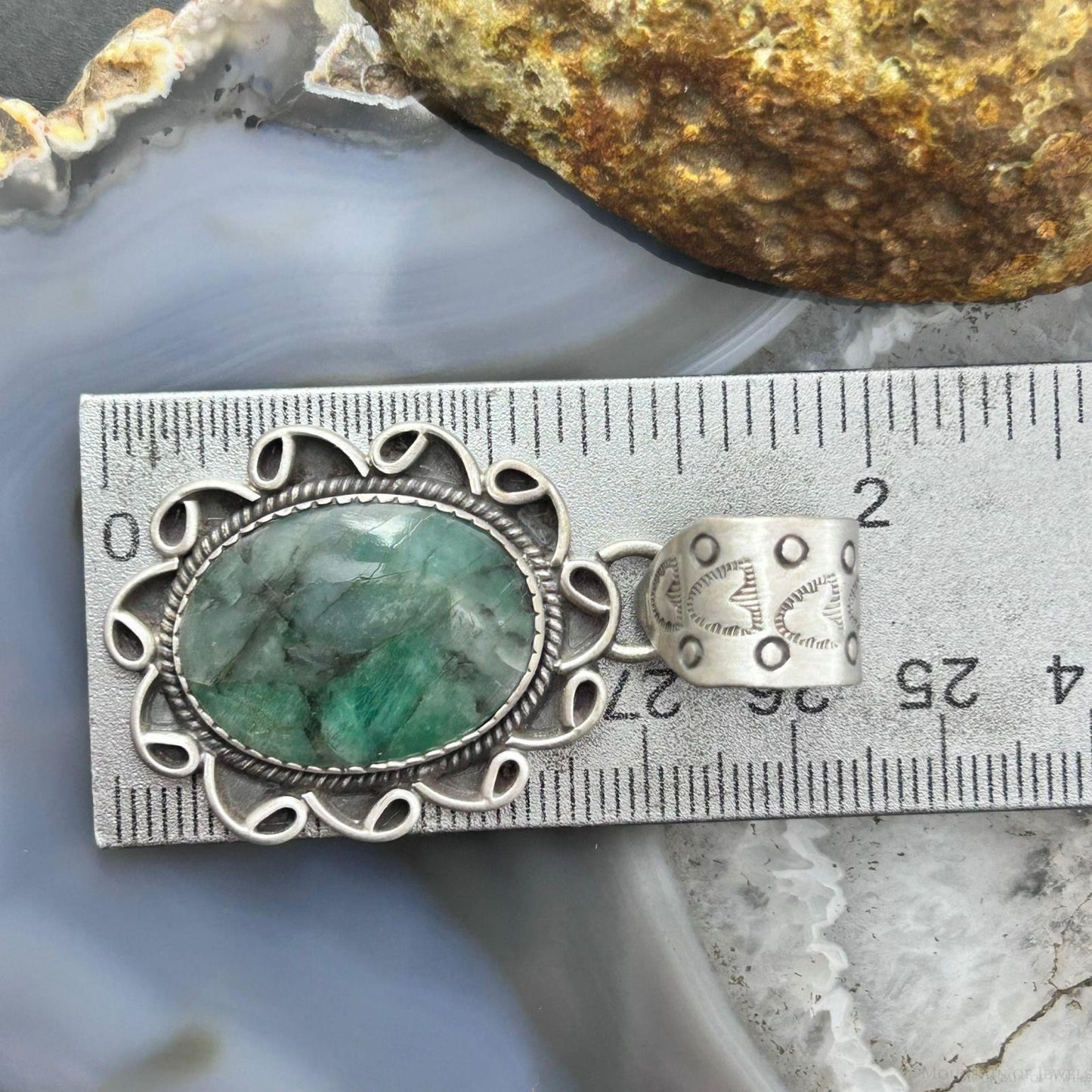 Sterling Silver Southwestern Style Oval Emerald Decorated Pendant For Women #1