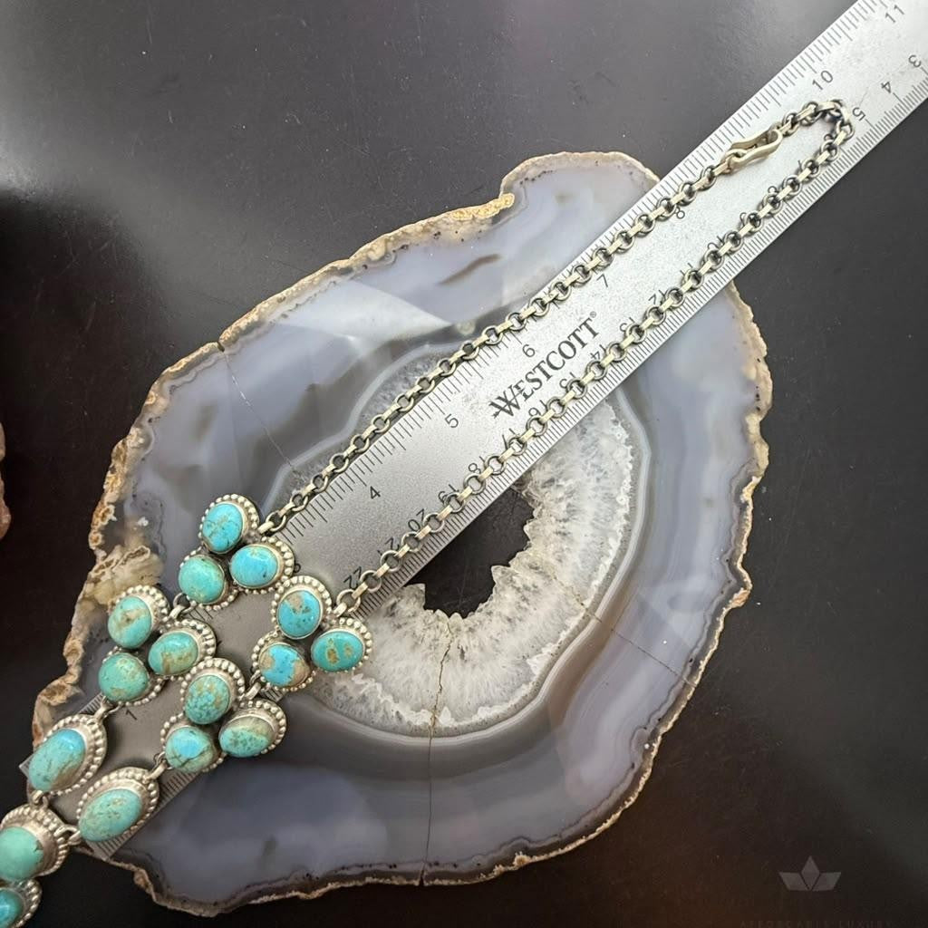 Sterling Silver Southwestern Style KingmanTurquoise Lariat Cluster 23" Necklace For Women