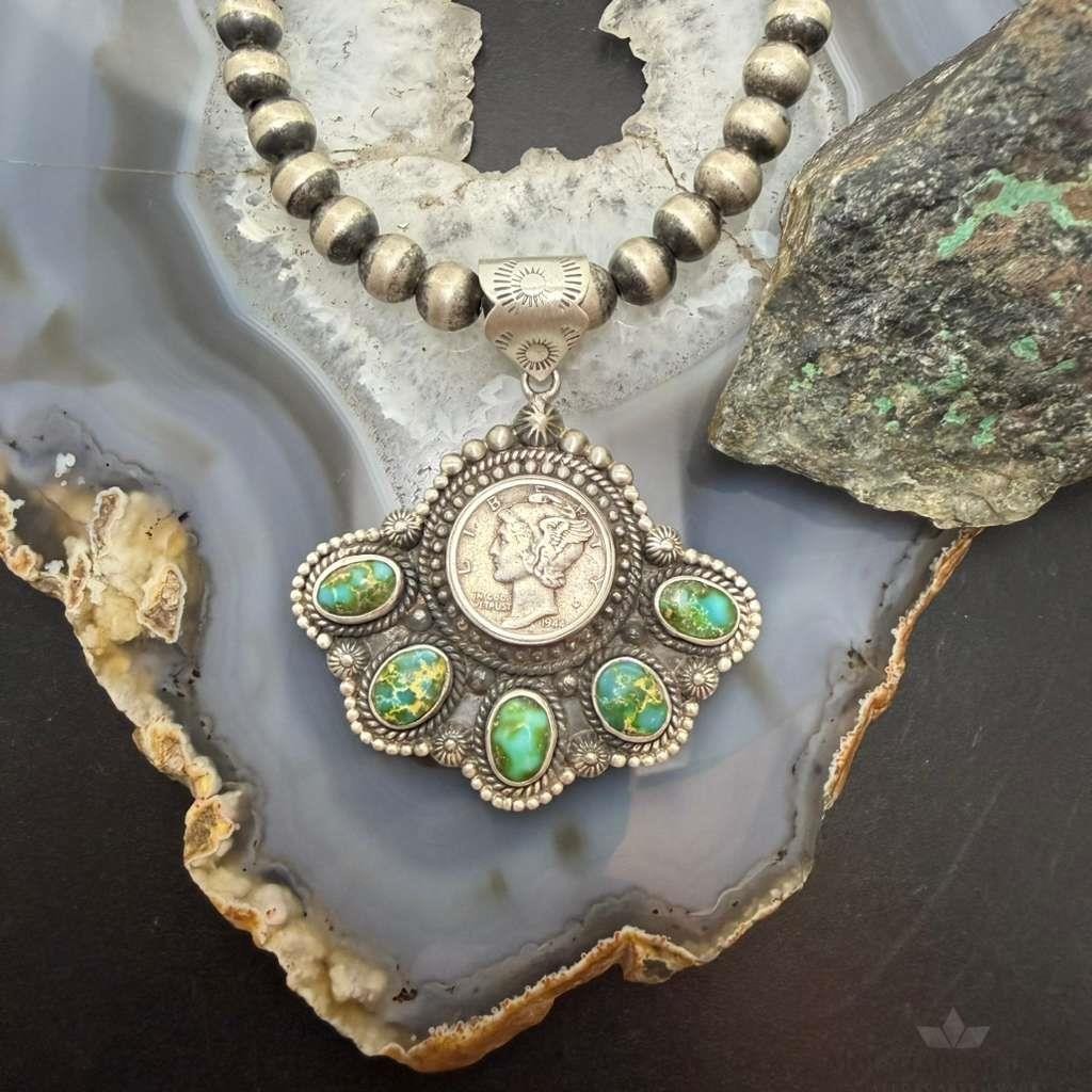 Sterling Silver Southwestern Style 1944 Mercury Dime & Sonora Gold Turquoise Pendant