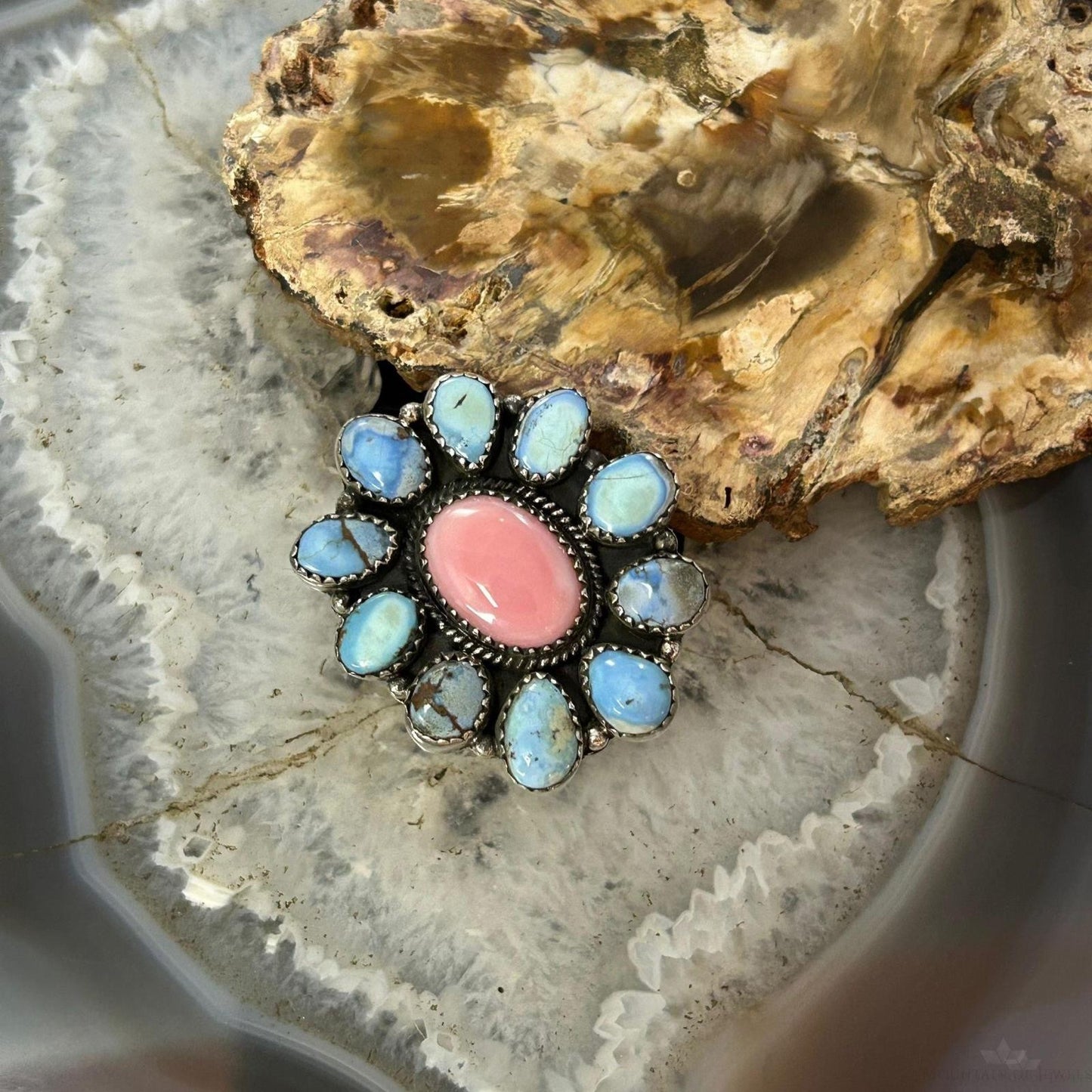 Sterling Silver Southwestern Style Pink Conch & Turquoise Adjustable Cluster Ring For Women