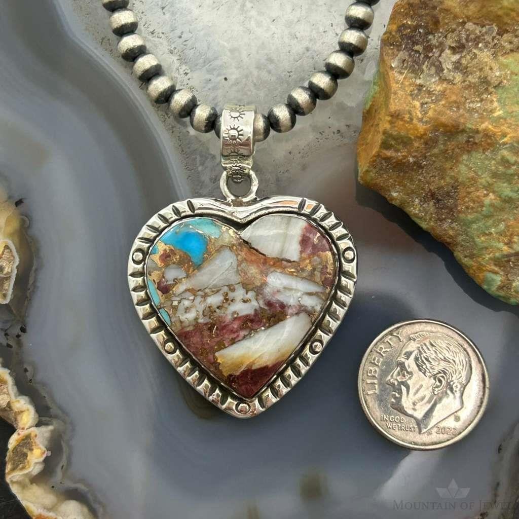 Sterling Silver Southwestern Style Turquoise Spiny Oyster Heart Pendant For Women