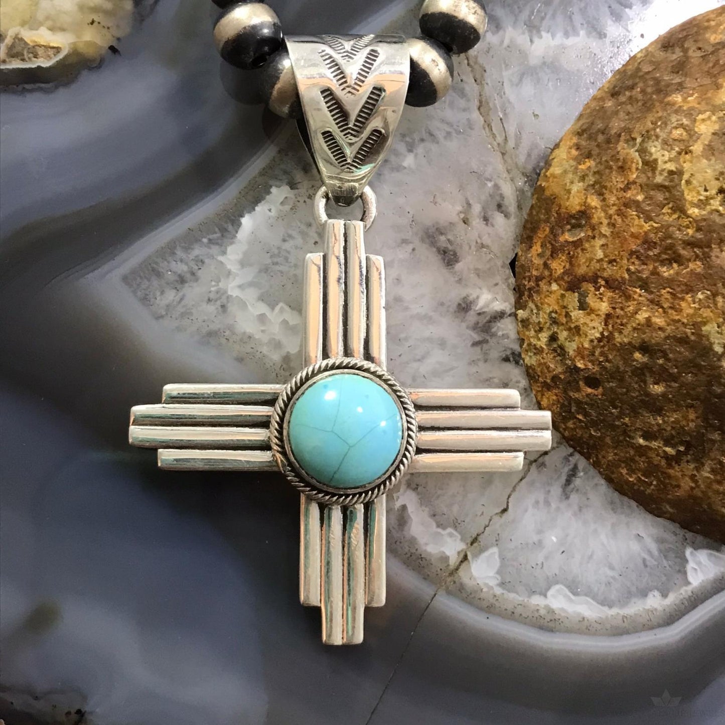 Native American Sterling Silver Round Turquoise Unisex Zia Pendant #2