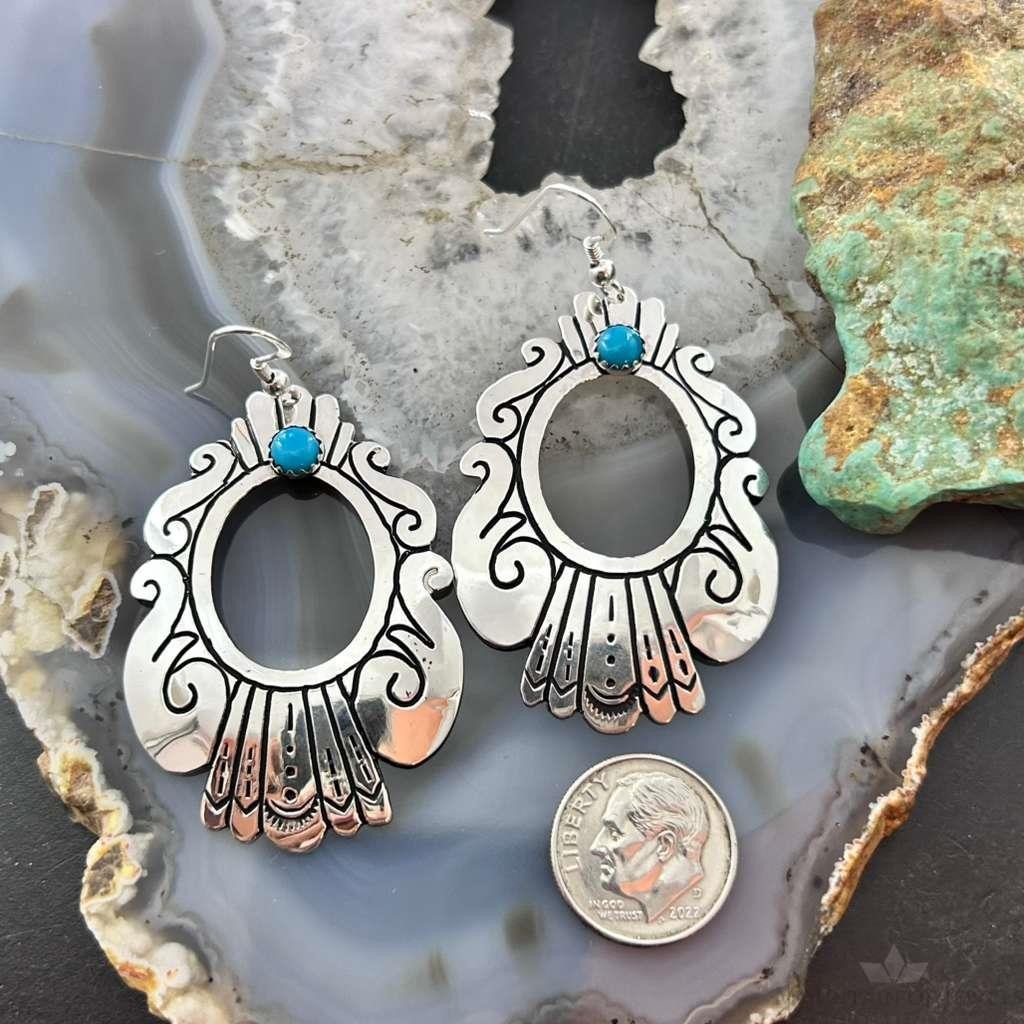 Tommy & Rosita Singer Sterling Silver Dot Turquoise Engraved Dangle Earrings For Women #1