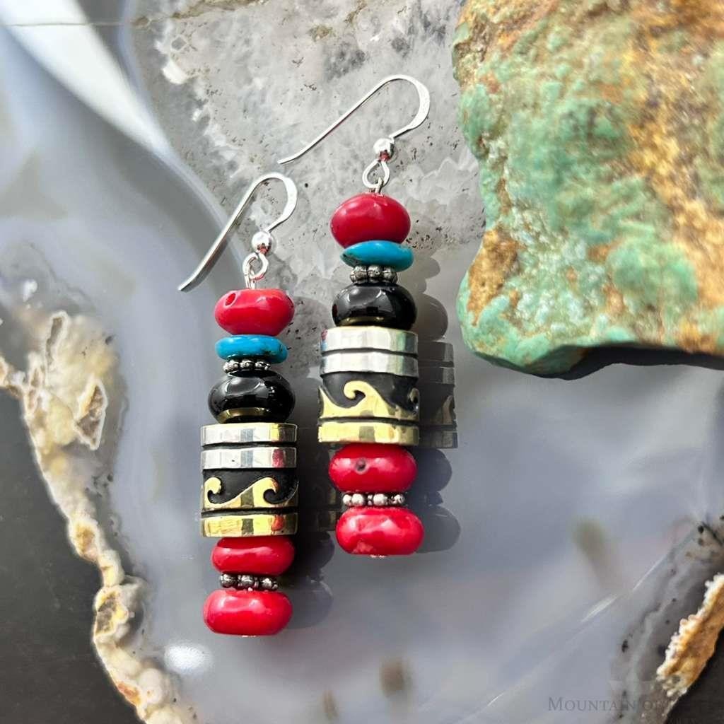 Tommy & Rosita Singer Sterling  Silver Coral, Onyx, Turquoise Bead Dangle Earrings For Women
