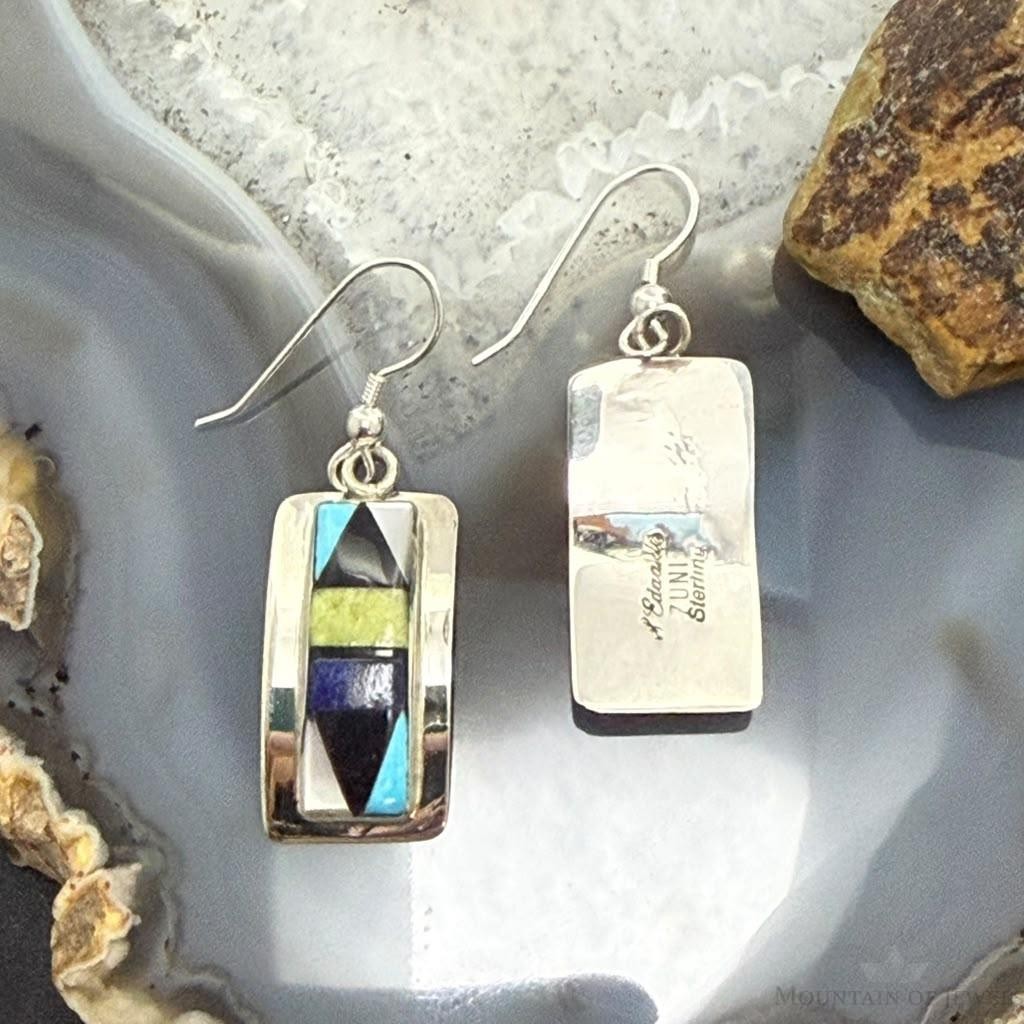 Sheryl Edaakie Zuni Sterling Silver  Multistone Inlay Rectangle Dangle Earrings For Women #2