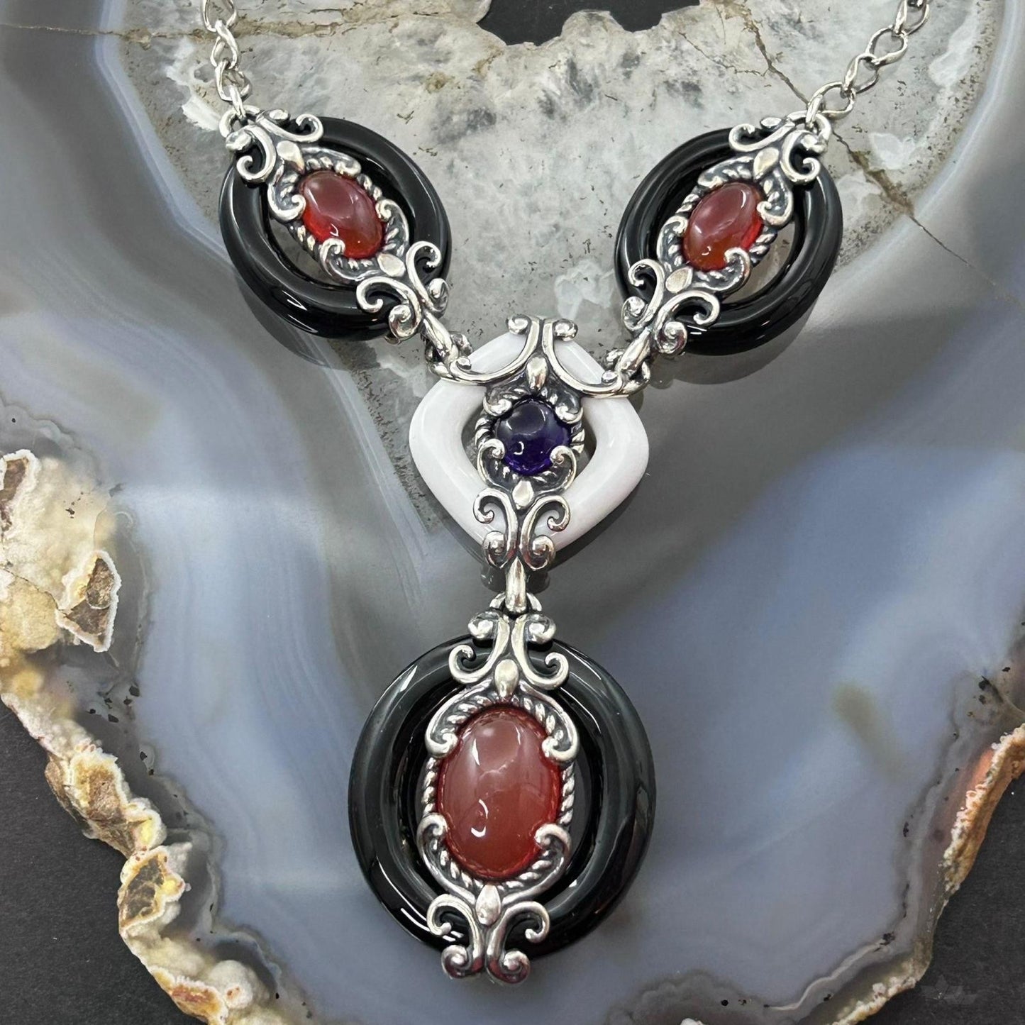 Carolyn Pollack Vintage Sterling Silver Black & White Jasper 16"-19" Necklace For Women