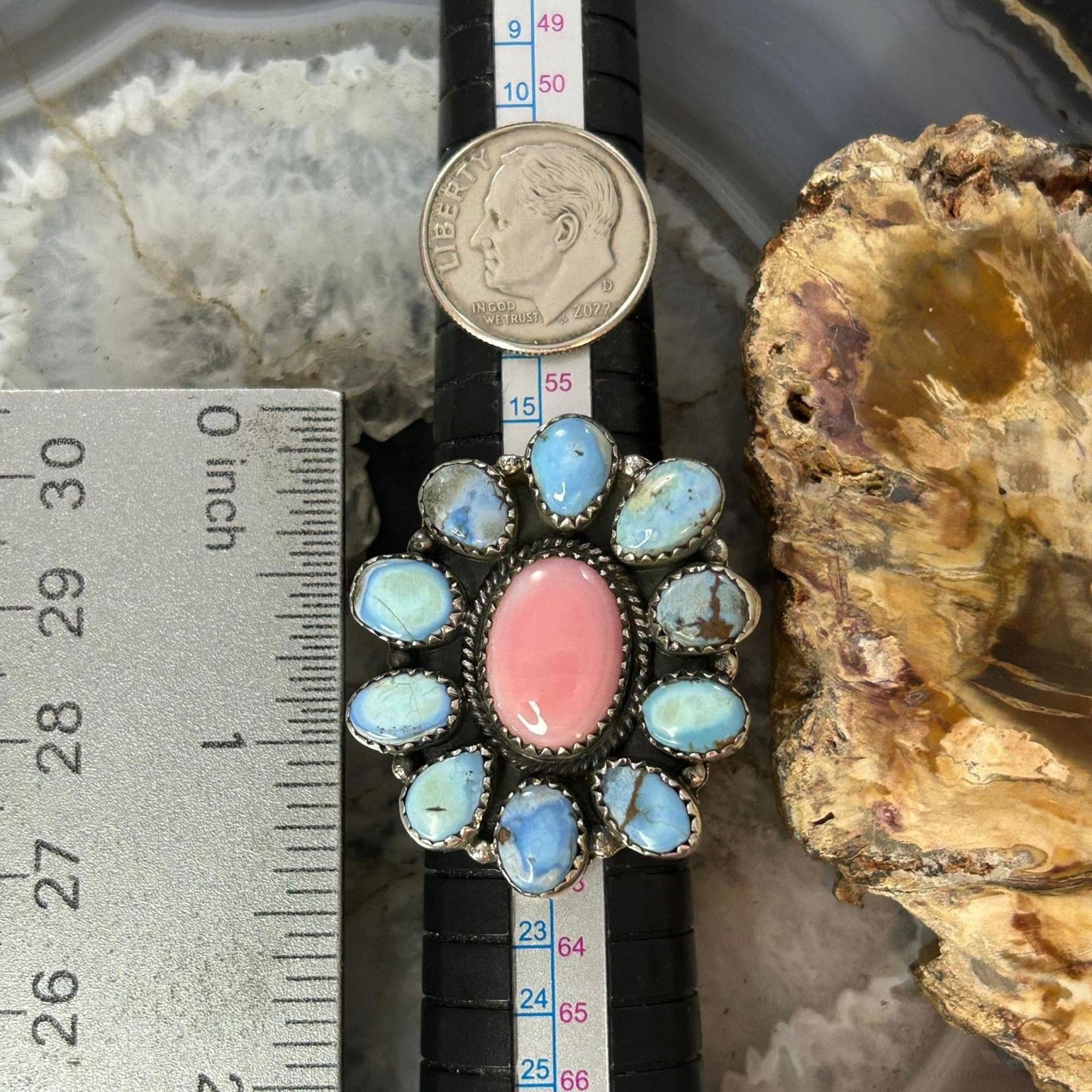 Sterling Silver Southwestern Style Pink Conch & Turquoise Adjustable Cluster Ring For Women