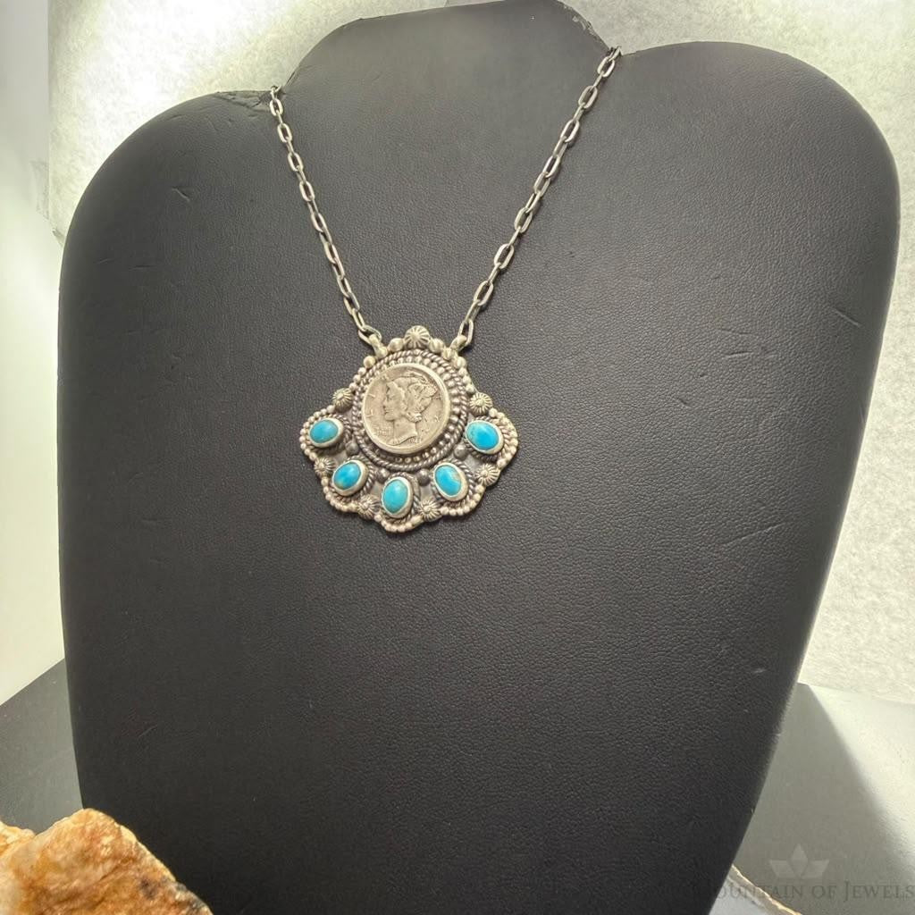 Sterling Silver Southwestern Style 1944 Mercury Dime & Kingman Turquoise Necklace For Women
