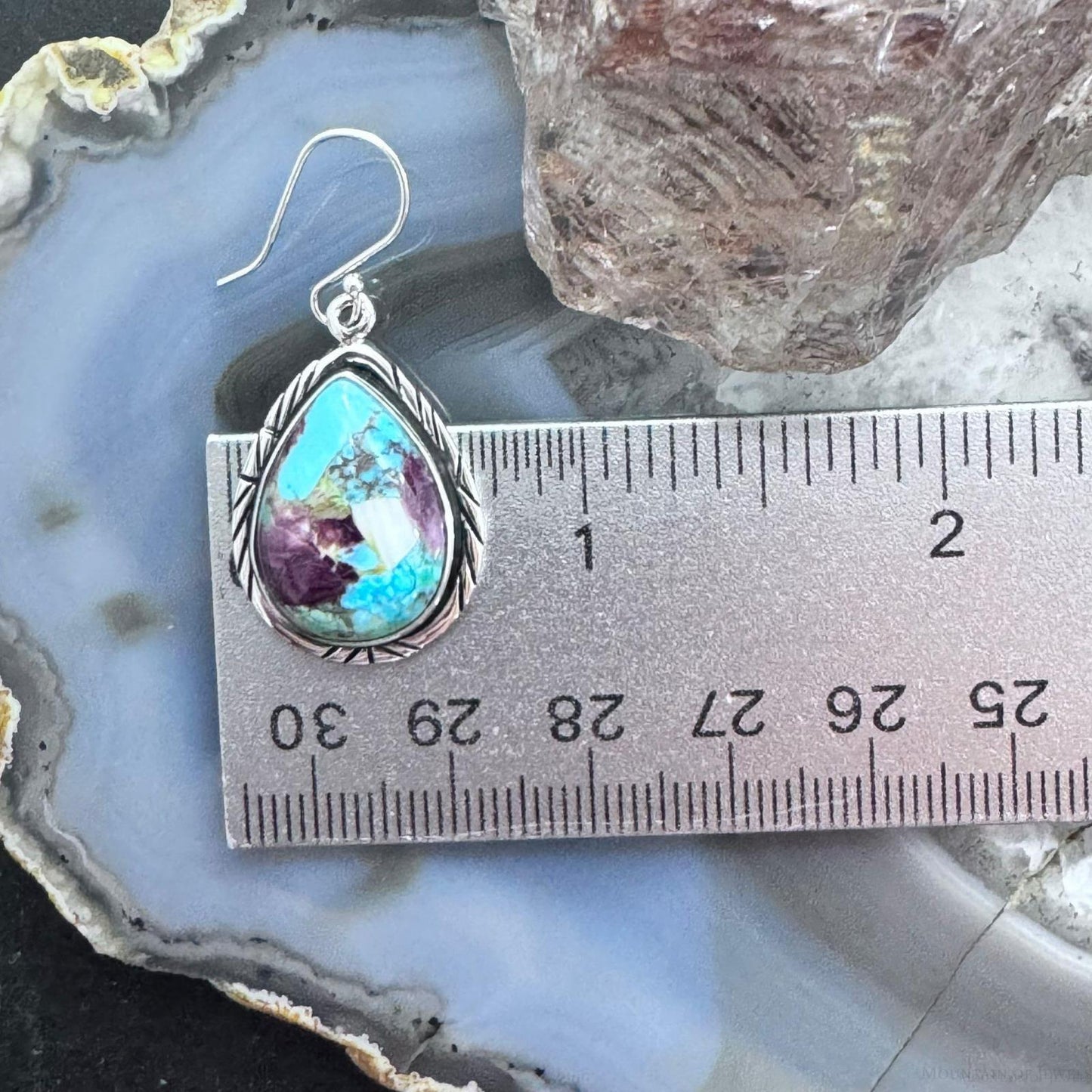 Native American Sterling Silver Turquoise & Spiny Oyster Composite Dangle Earrings For Women