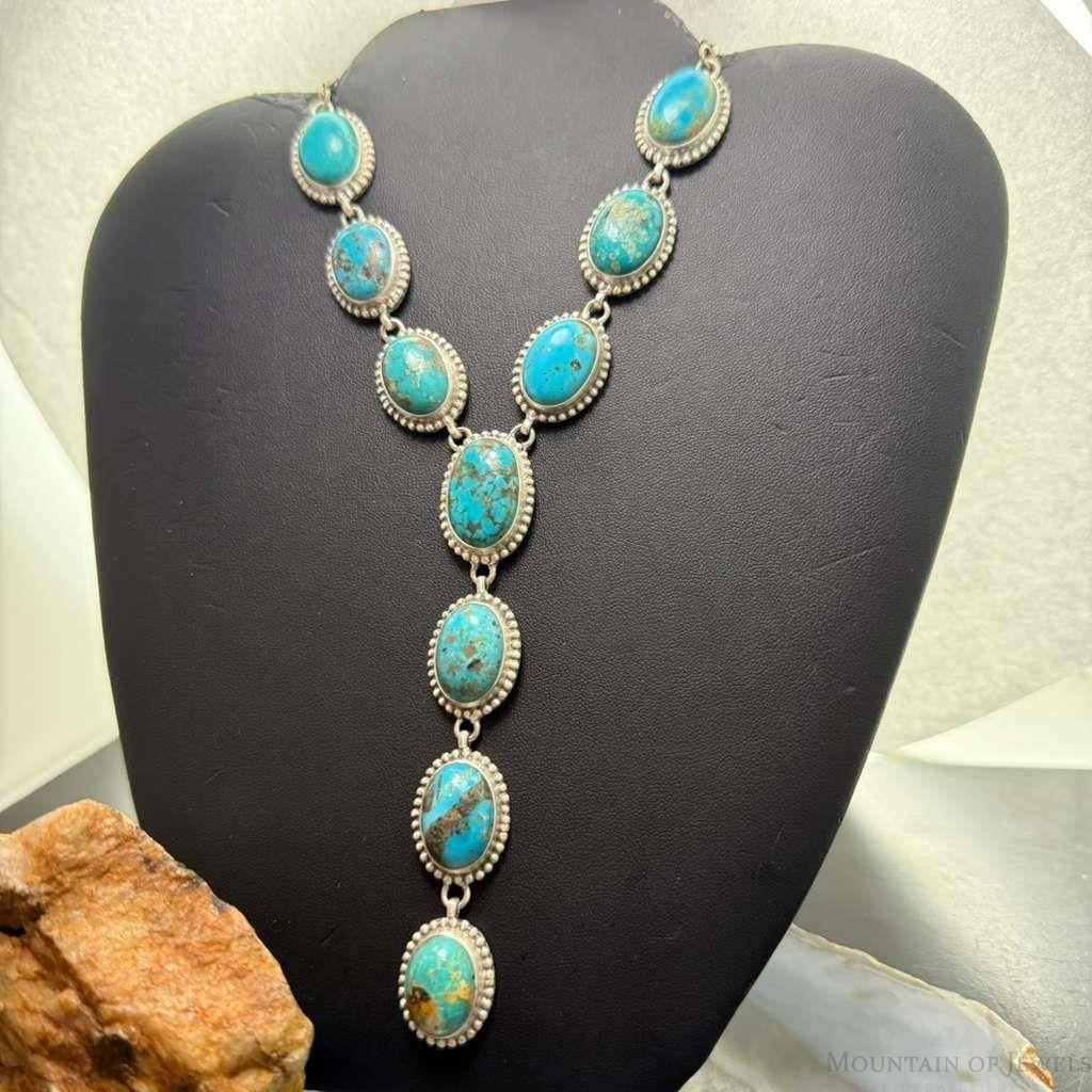 Sterling Silver Southwestern Style Oval Kingman Turquoise Lariat 28" Necklace For Women