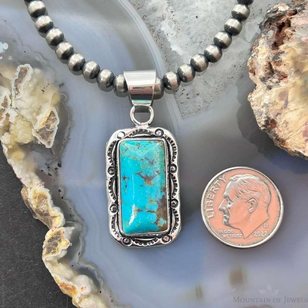 Native American Sterling Silver Rectangle Turquoise Decorated Pendant For Women