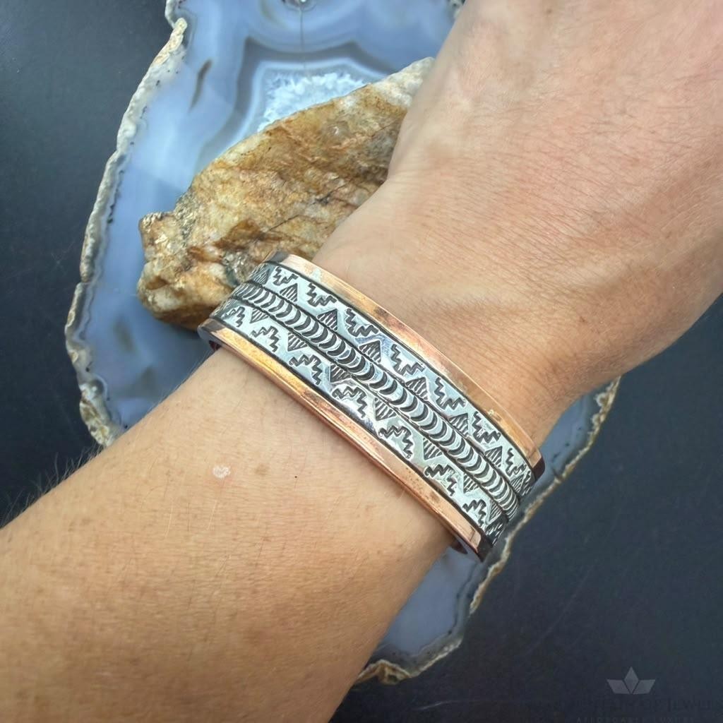 Wylie Secatero Navajo Sterling Silver & Copper Stamped Bracelet For Women