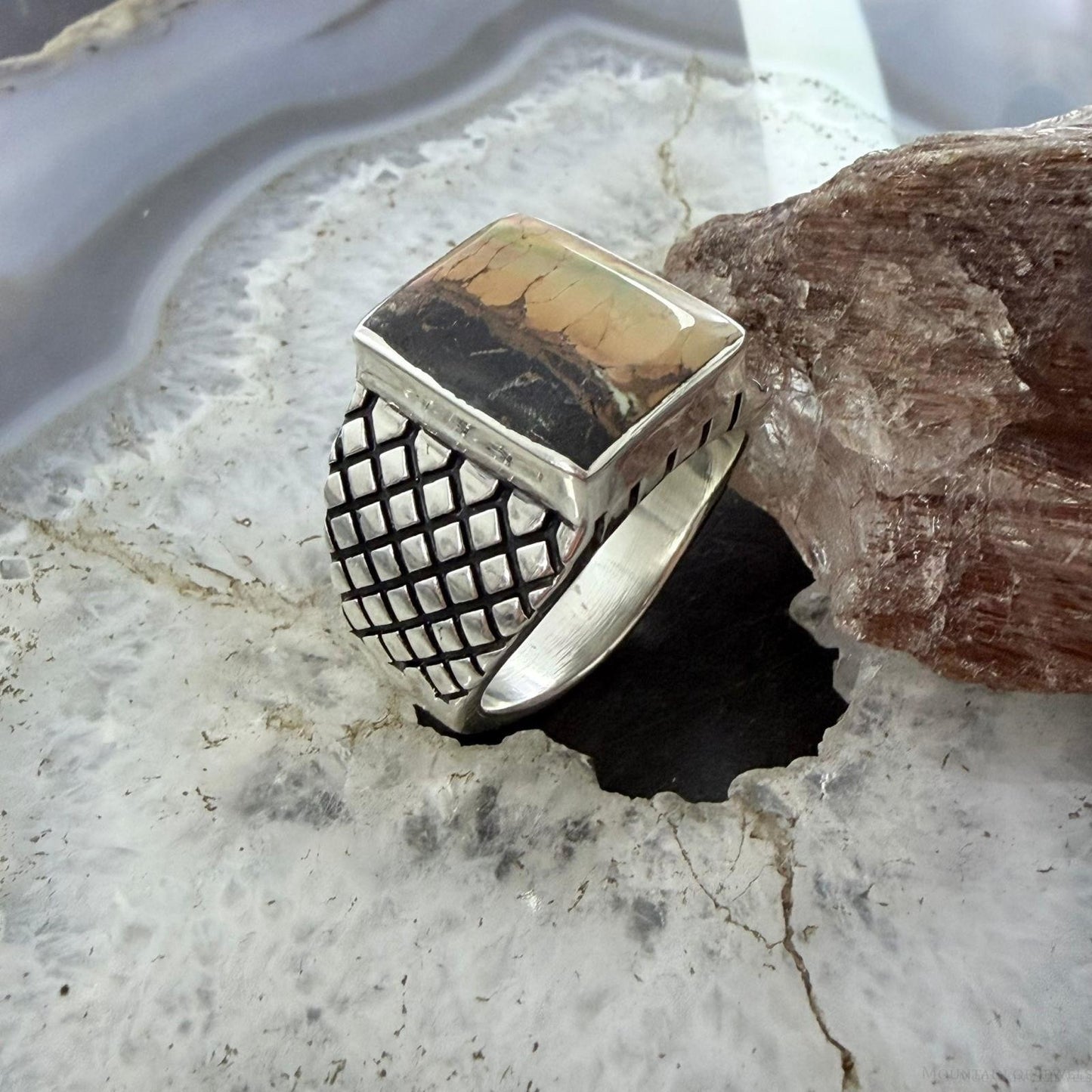 Native American Sterling Silver Rectangle Black Jack Decorated Ring Size 12 For Men