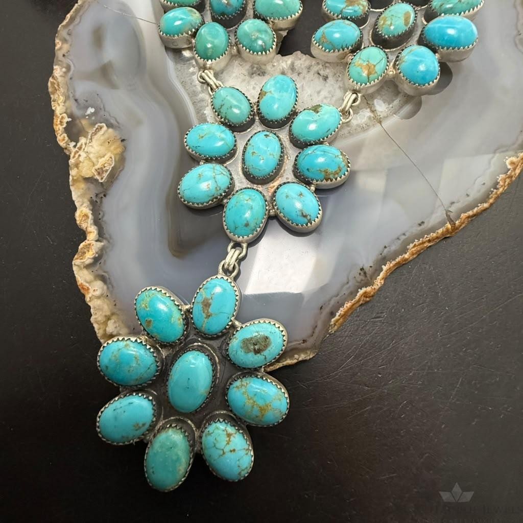 Sterling Silver Southwestern Style Kingman Turquoise Cluster Lariat Necklace For Women
