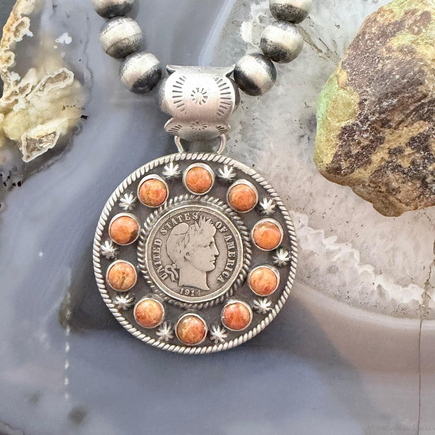 Genuine 1914 90% Silver Barber Head Dime Coin w/Orange Spiny Oyster Pendant