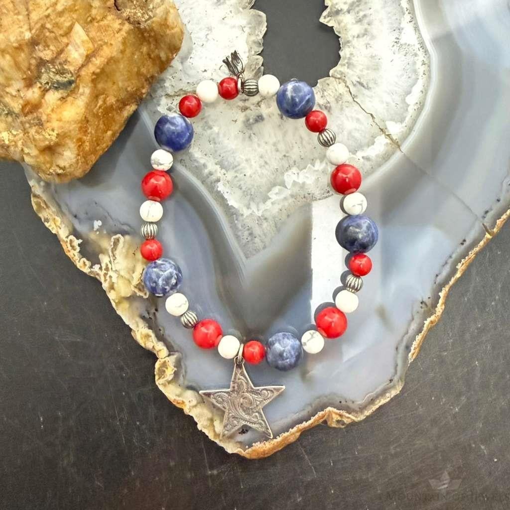Carolyn Pollack Sterling Silver Multi Gemstone Bead w/Texas Star Charm Bracelet For Women
