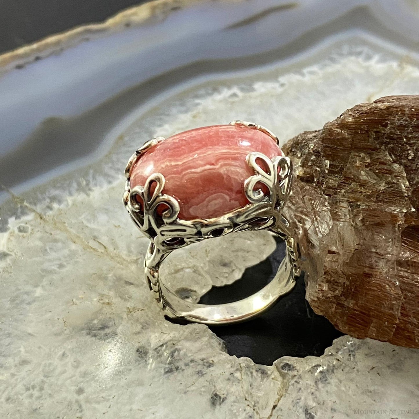 Carolyn Pollack Southwestern Style Sterling Silver Oval Rhodonite Decorated Ring For Women
