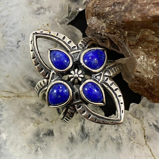 Carolyn Pollack Southwestern Style Sterling Silver 4 Lapis Lazuli Flower Cluster Ring For Women