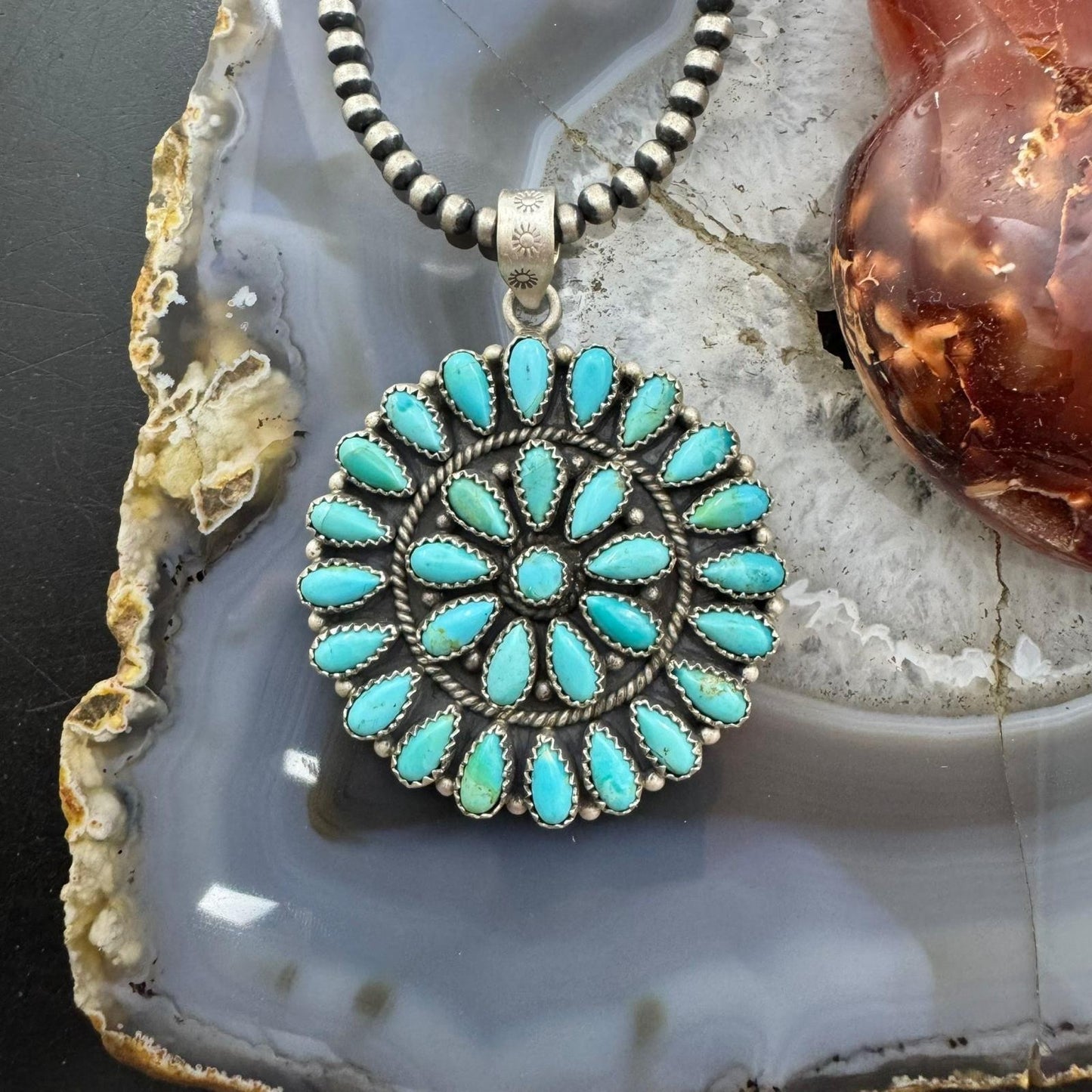 Sterling Silver Southwestern Style Teardrop Turquoise Round Cluster Pendant For Women