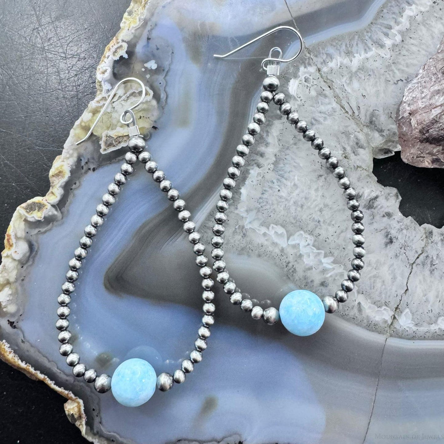 Native American Sterling Silver Navajo Beads with Larimar  Bead Hoop Earrings For Women