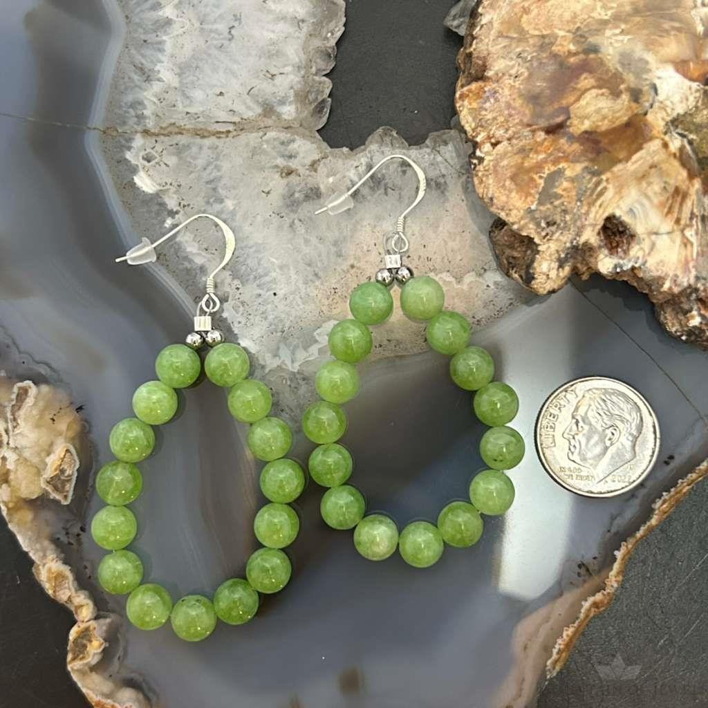 Sterling Silver 15 Rounded Peridot Beads Hoop Dangle Earrings For Women