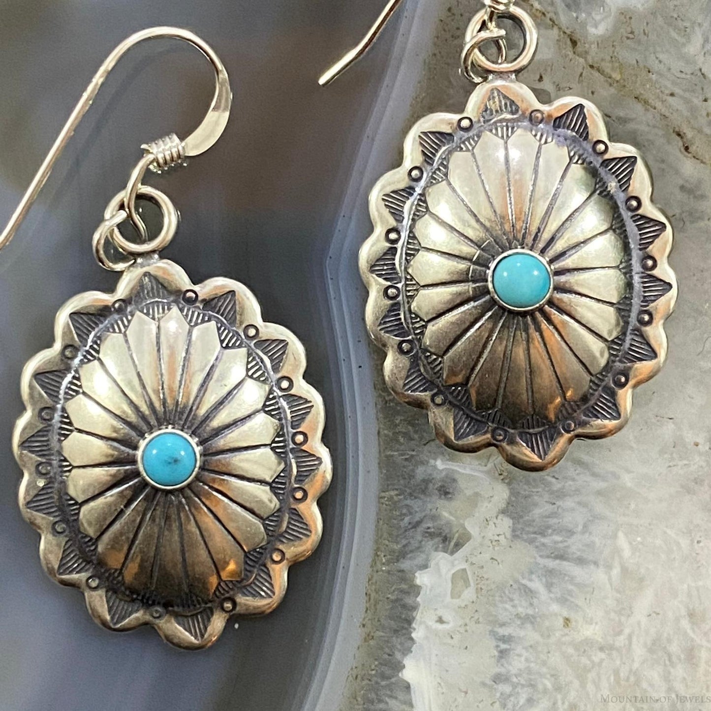 Native American Sterling Silver Turquoise Dot Stamped Concho Dangle Earrings For Women