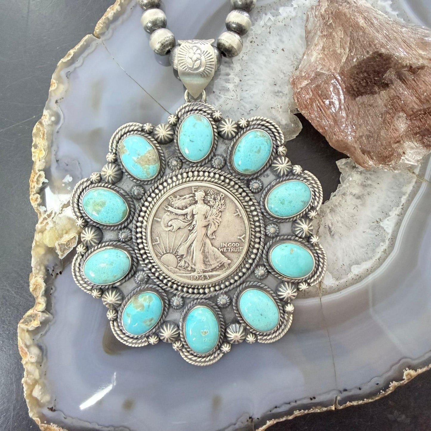 Genuine 90% Silver Walking Liberty Half Dollar Coin w/Turquoise Unisex Pendant