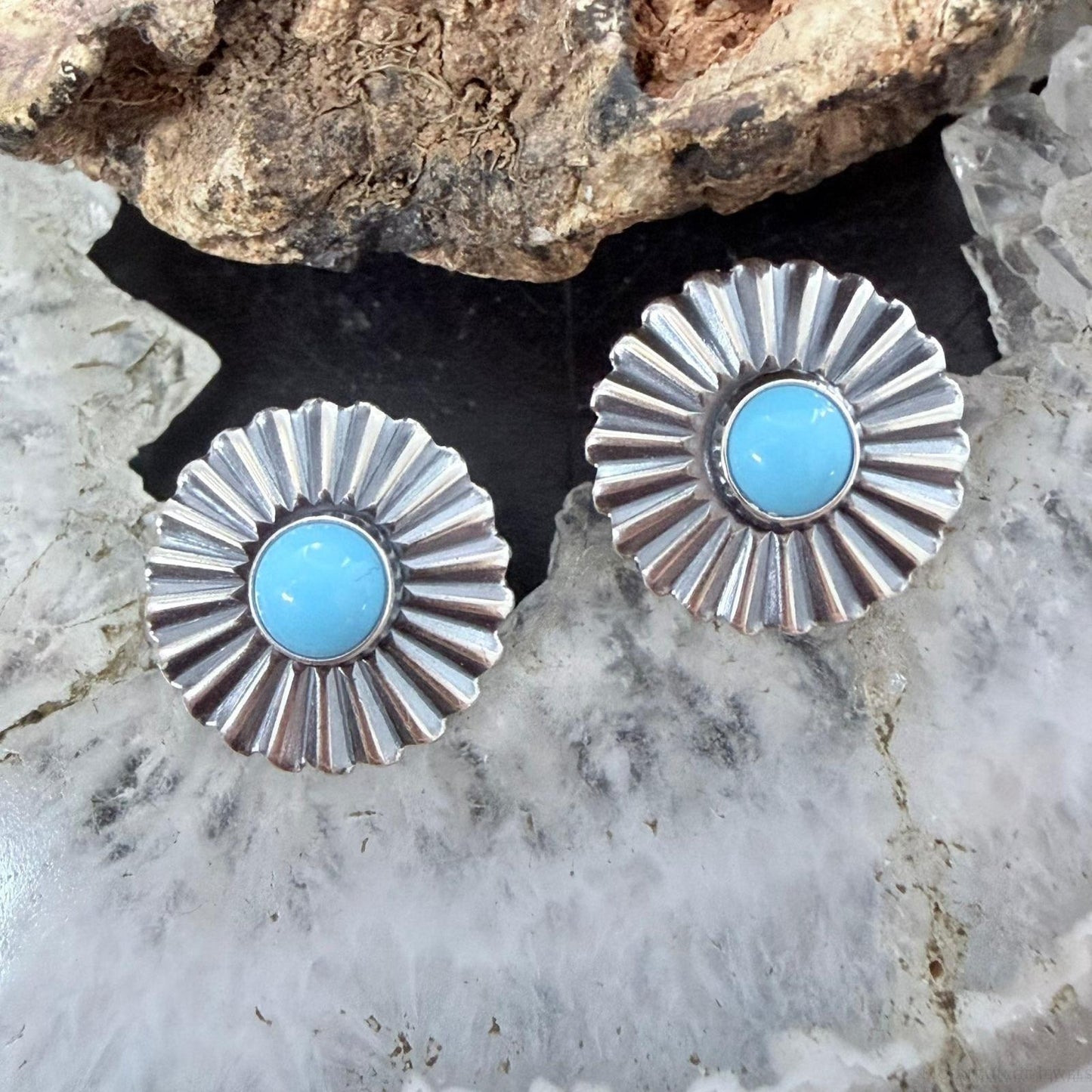 Native American Sterling Silver Sun Rays w/Turquoise Post Earrings For Women